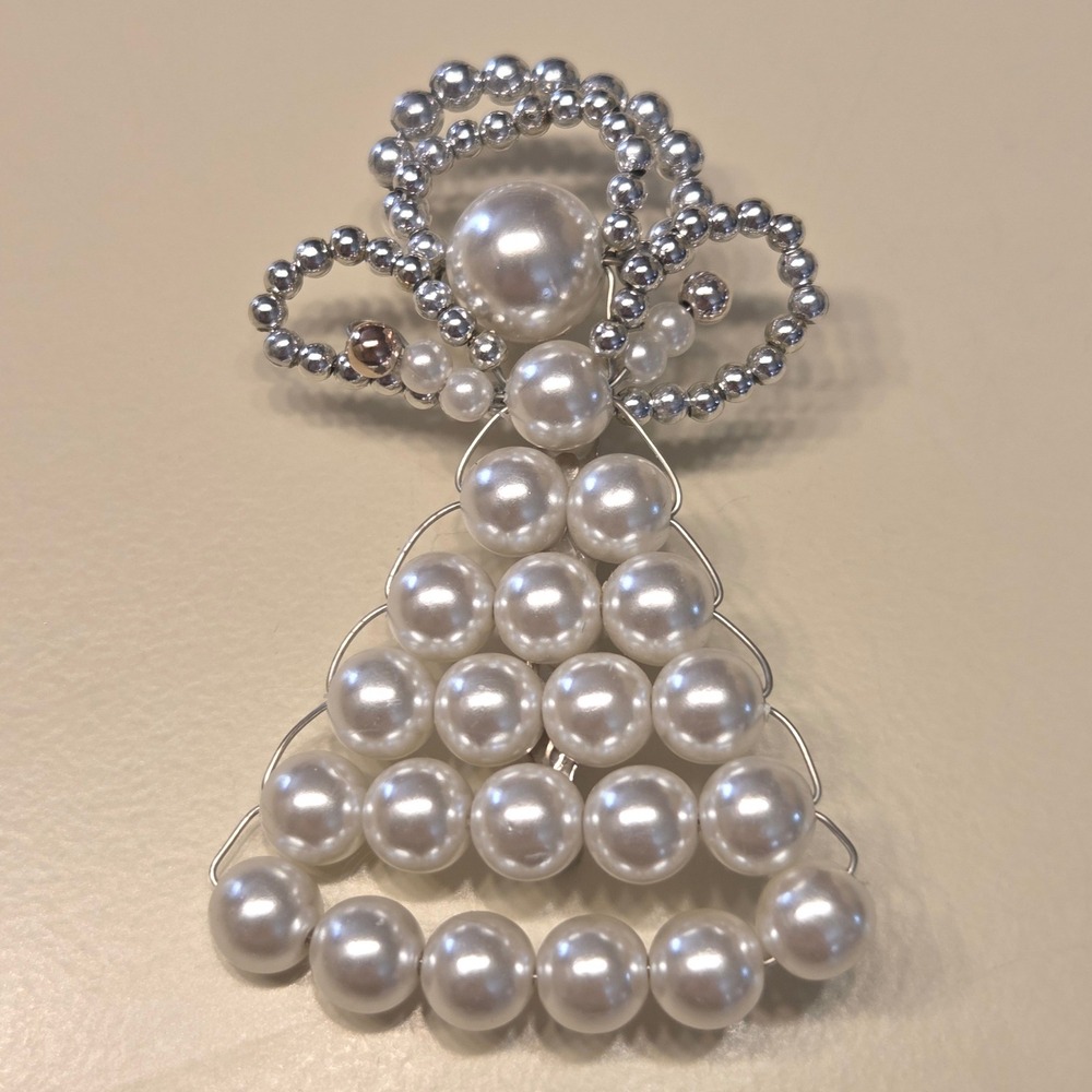 Vintage Handmade Beaded Angel Brooch Pin White Pearl Silver Tone Wings Christmas